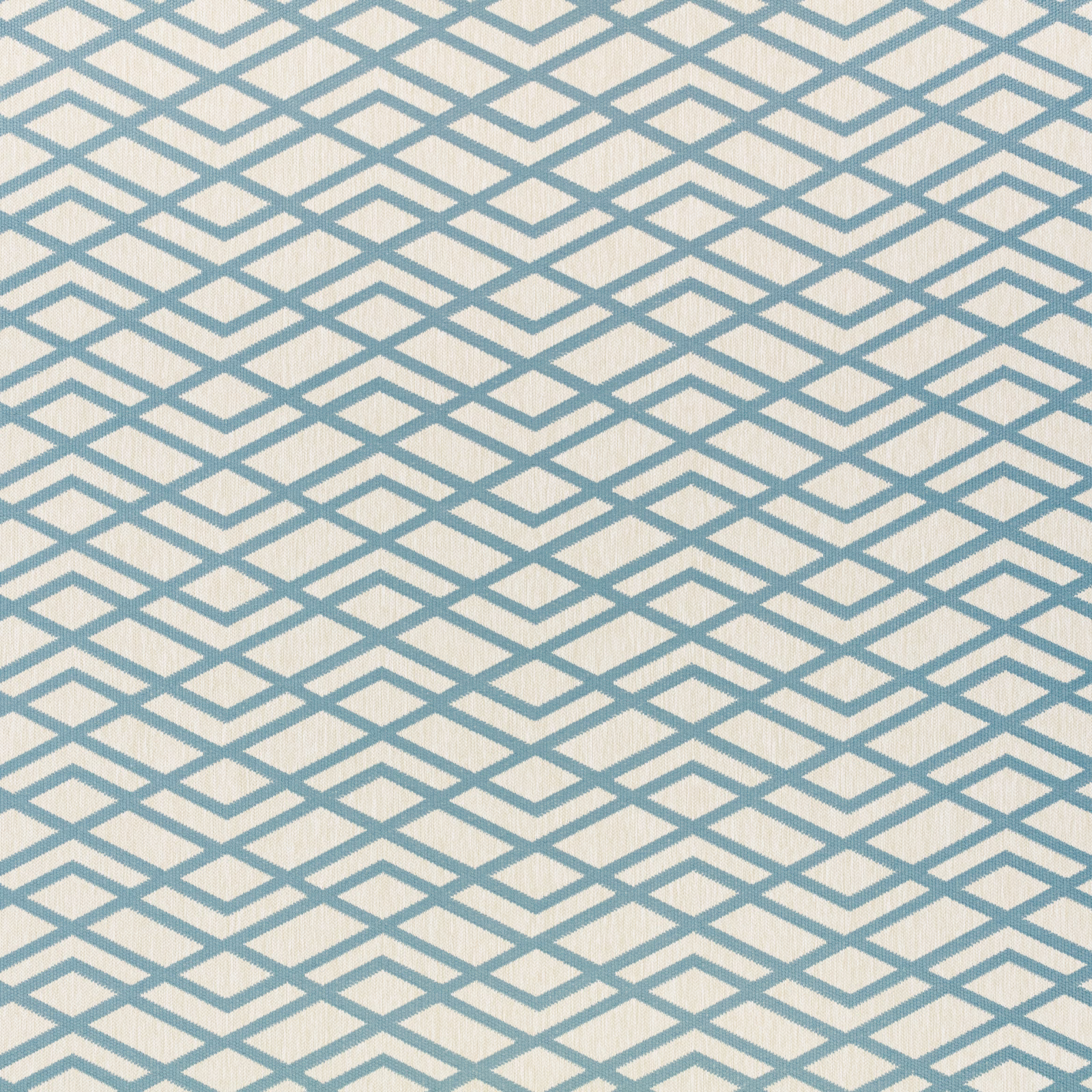 Pale aqua interlocking diamond pattern on an ivory woven outdoor fabric