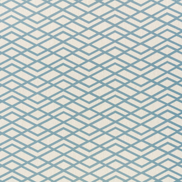 Pale aqua interlocking diamond pattern on an ivory woven outdoor fabric