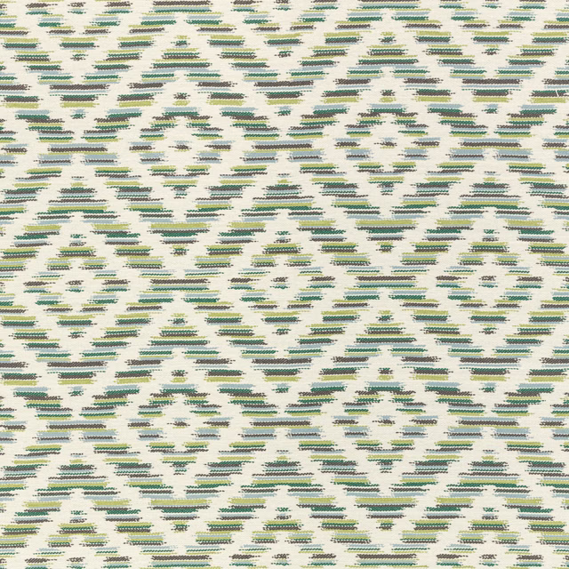 Cream outdoor textile with broken basil-green geometric dashes and woven texture