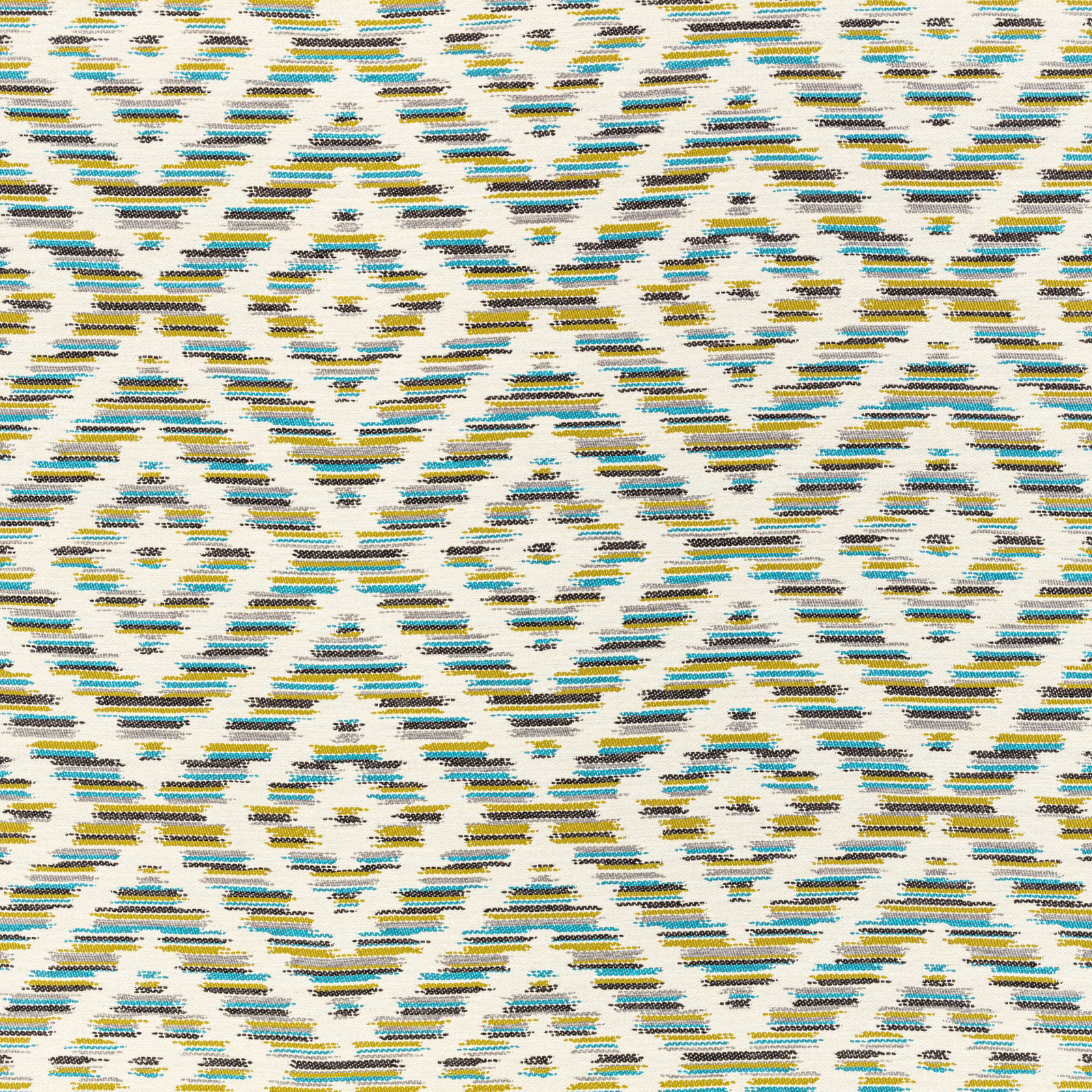 Cream outdoor fabric with broken teal, mustard and charcoal woven dashes