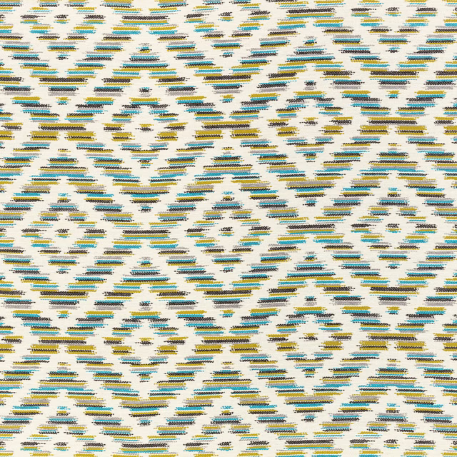 Cream outdoor fabric with broken teal, mustard and charcoal woven dashes