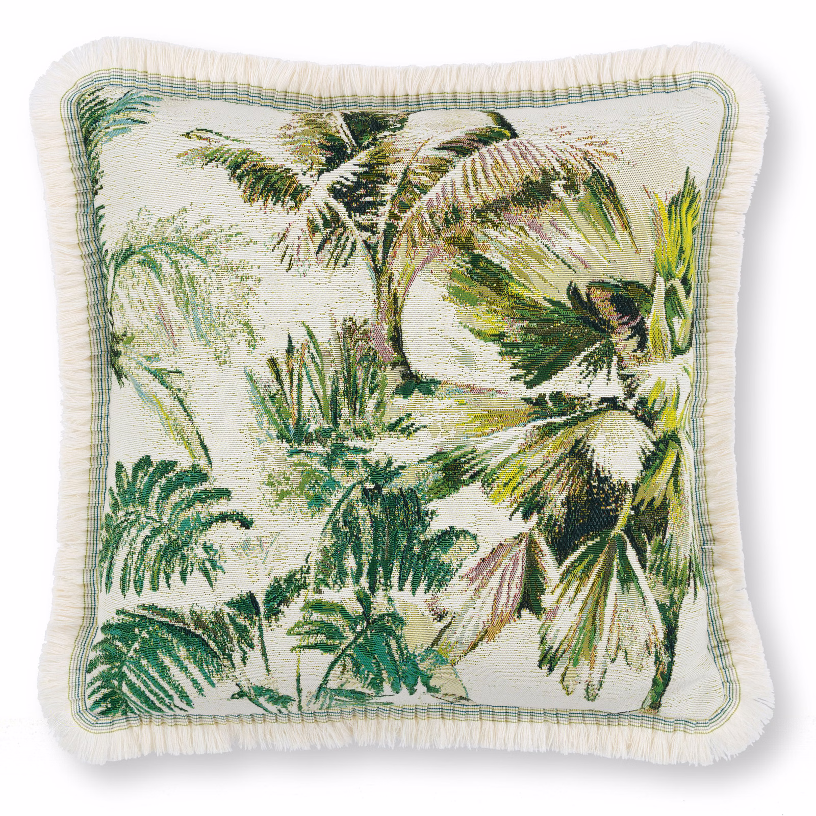 Cream tropical fabric with layered green palms, foliage and a softly textured woven ground
