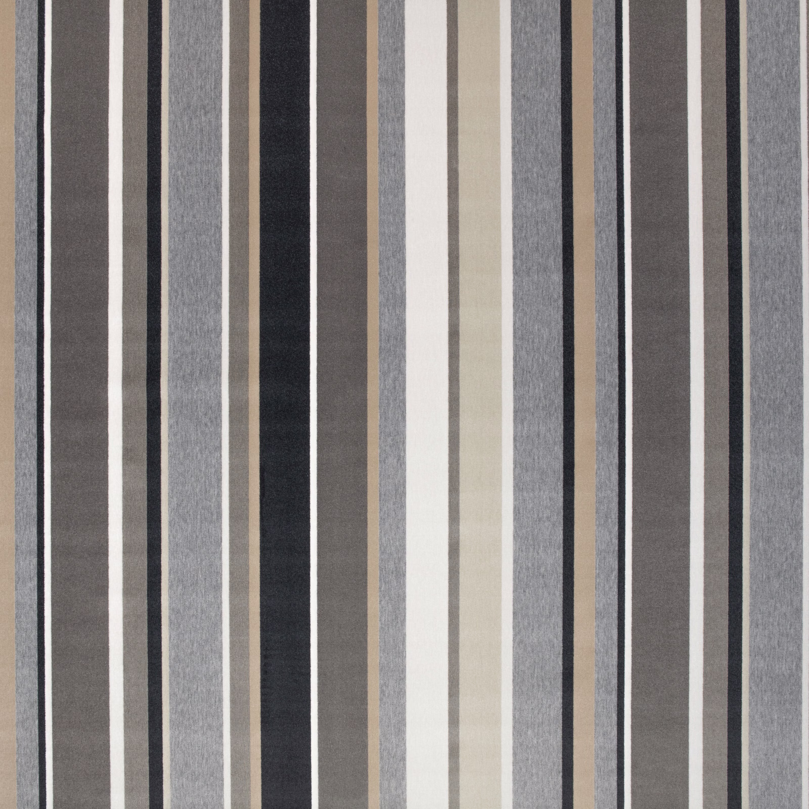 Warm taupe outdoor fabric with charcoal, grey and ivory vertical stripes