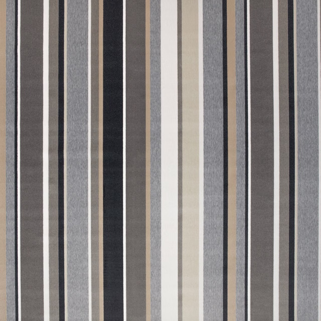 Warm taupe outdoor fabric with charcoal, grey and ivory vertical stripes
