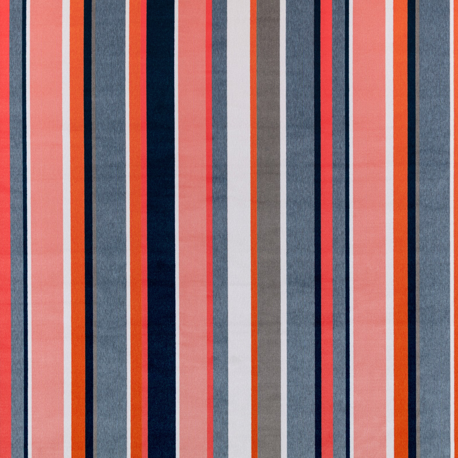 Guava pink striped outdoor fabric with navy, grey, cream and orange woven bands