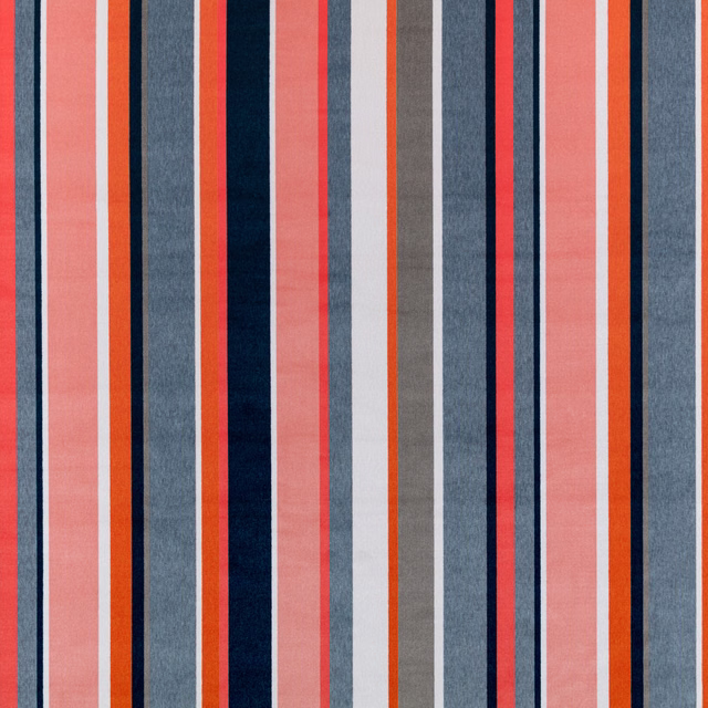 Guava pink striped outdoor fabric with navy, grey, cream and orange woven bands