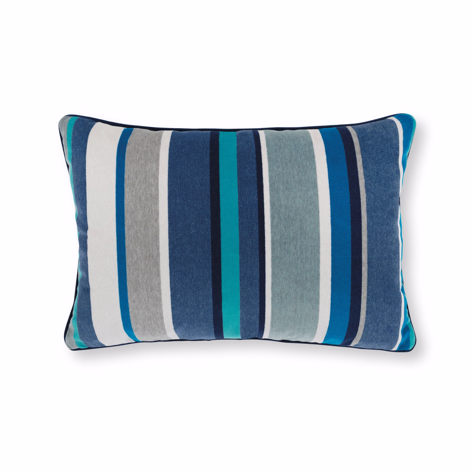 Indigo, teal, pale blue-grey and white vertical stripes on a textured cushion