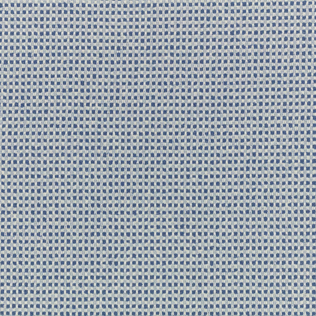 Muted denim blue fabric with a small pale woven check and textured surface