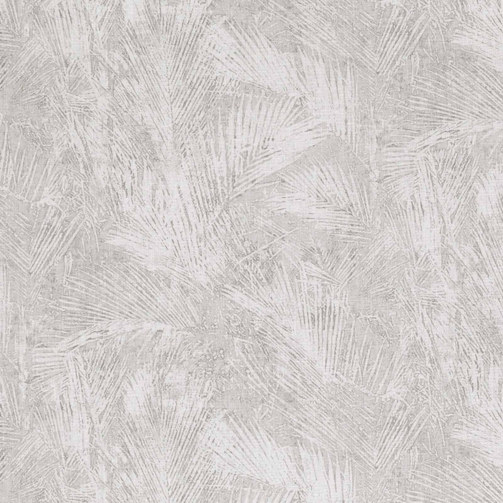 Pale taupe fabric with overlapping ivory areca fronds and softly mottled texture