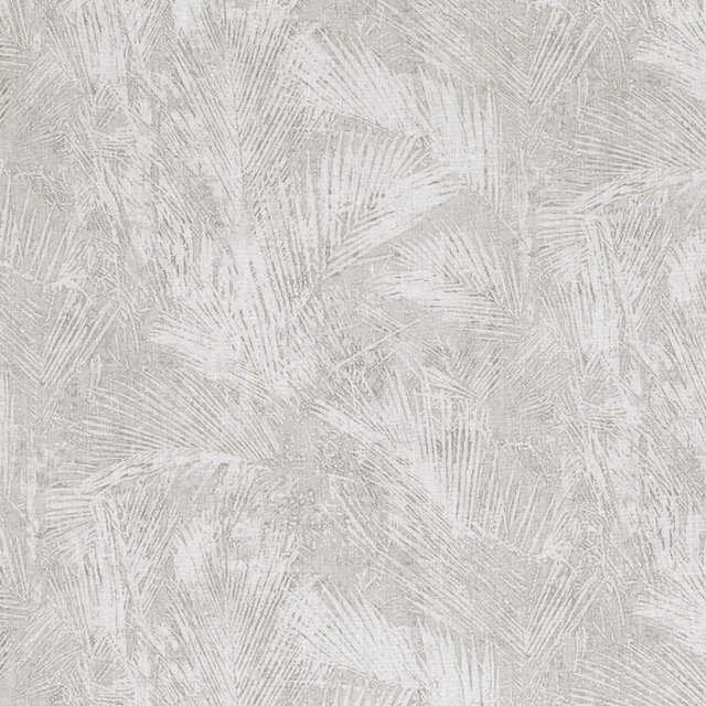 Pale taupe fabric with overlapping ivory areca fronds and softly mottled texture