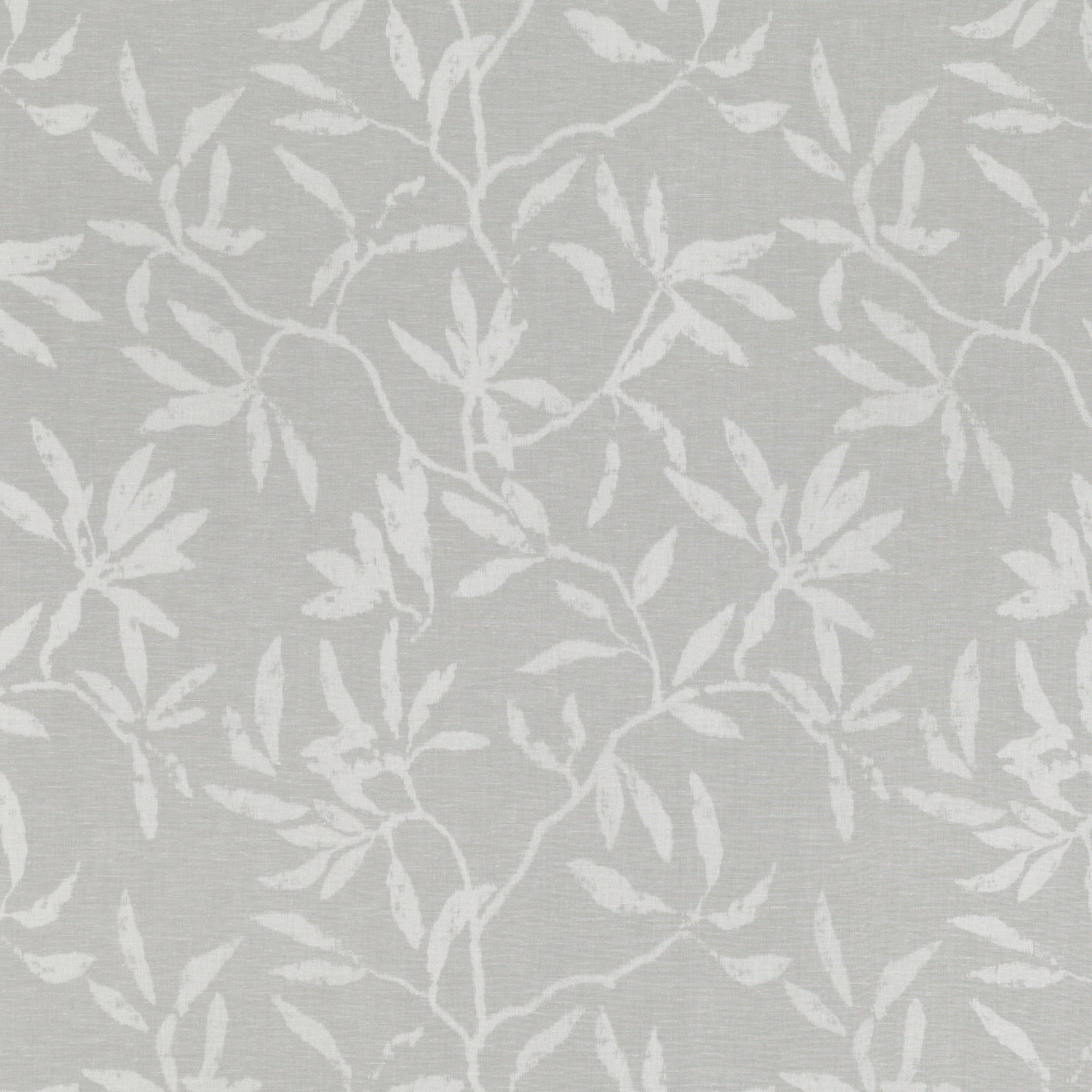 Pale silver-grey fabric with white trailing leaves and fine woven texture