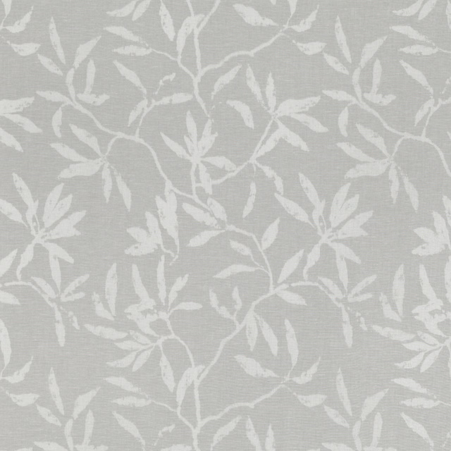 Pale silver-grey fabric with white trailing leaves and fine woven texture