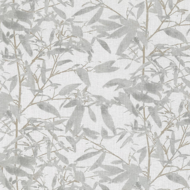 Pale silver-grey sheer fabric with layered leafy branches and fine woven texture