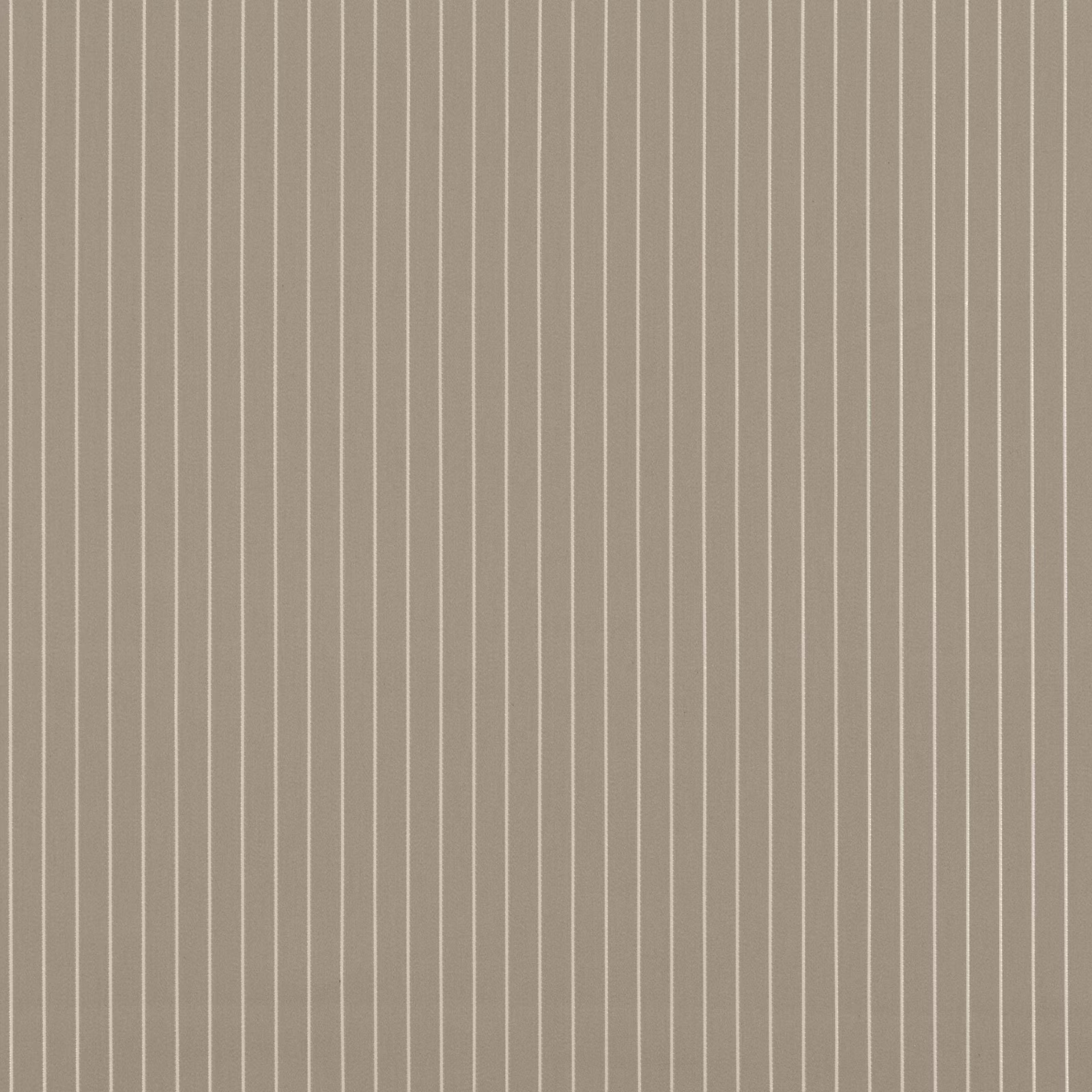 Warm taupe fabric with closely spaced ivory vertical pinstripes and a matte weave