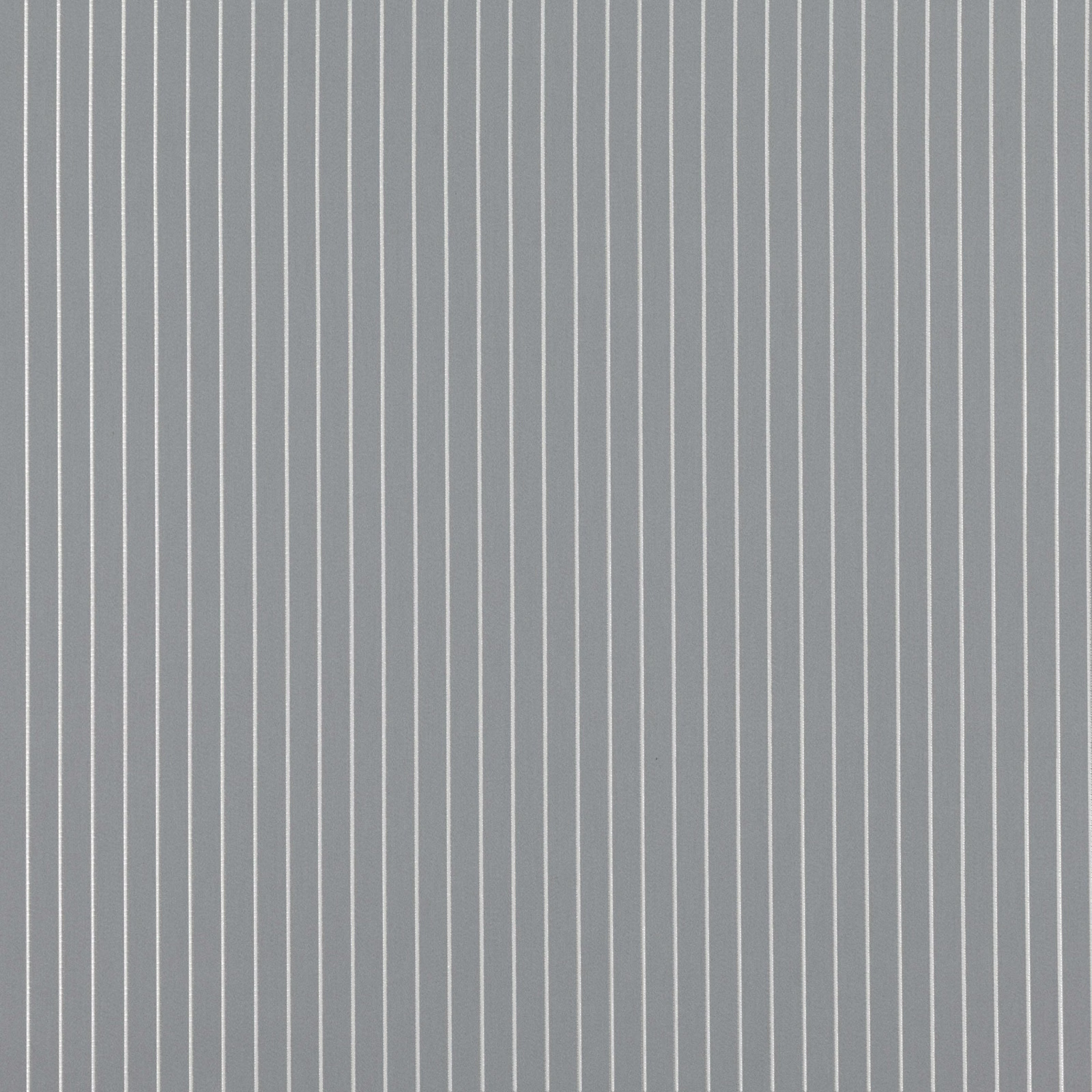 Cool grey woven fabric with fine ivory vertical pinstripes and subtle texture