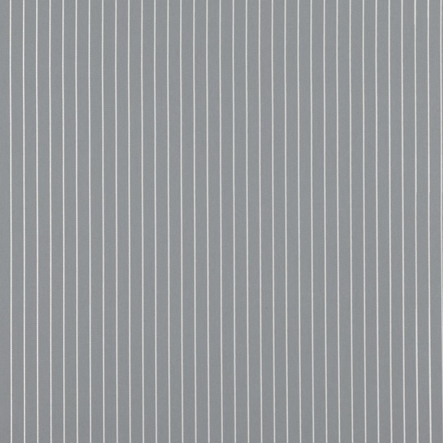Cool grey woven fabric with fine ivory vertical pinstripes and subtle texture