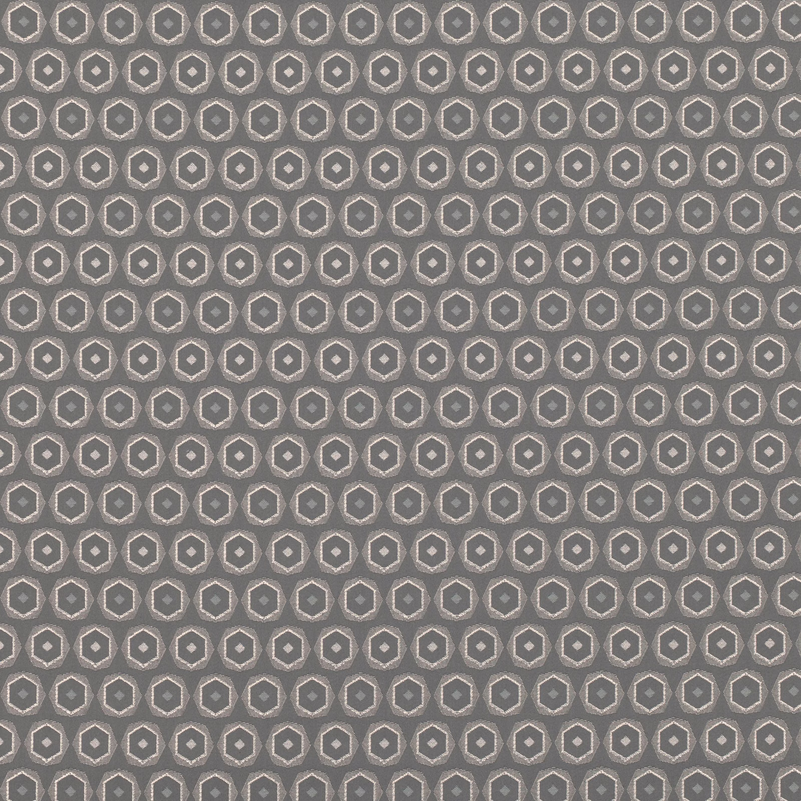 Cool charcoal grey fabric with tightly repeated taupe and ivory geometric motifs