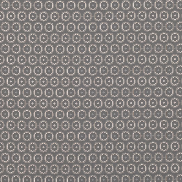 Cool charcoal grey fabric with tightly repeated taupe and ivory geometric motifs