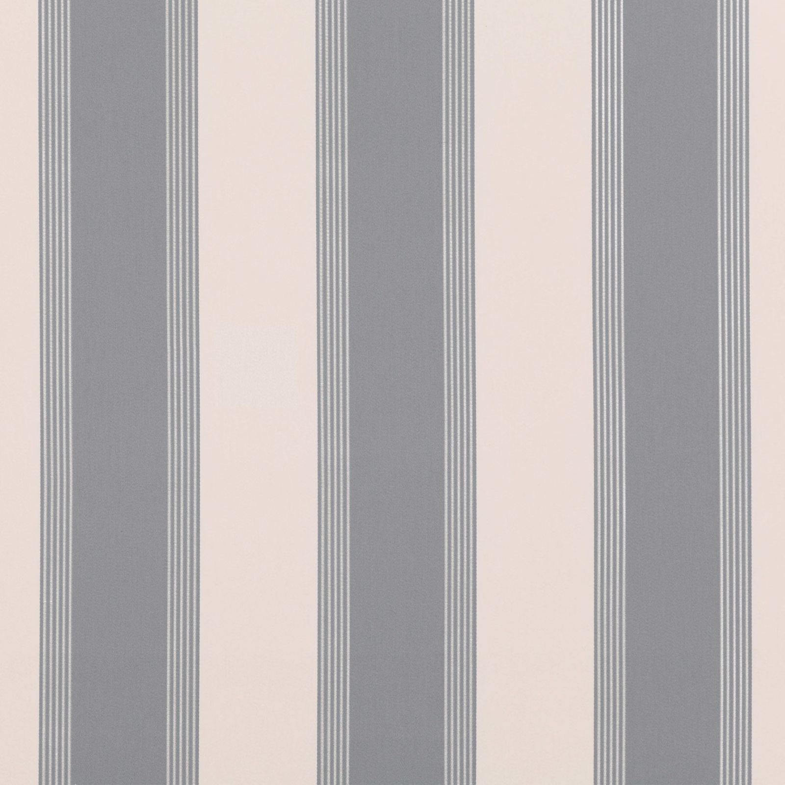 Cool grey and pale blush woven fabric with broad vertical stripes and fine pinstripes