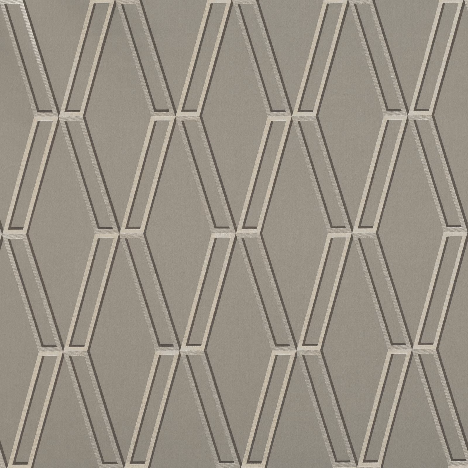 Muted taupe-grey fabric with repeating elongated geometric lattice in pale and charcoal lines