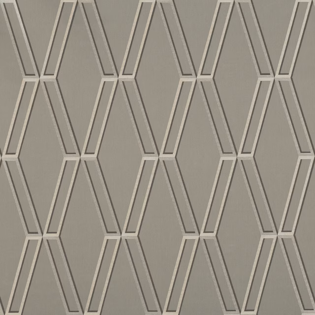 Muted taupe-grey fabric with repeating elongated geometric lattice in pale and charcoal lines
