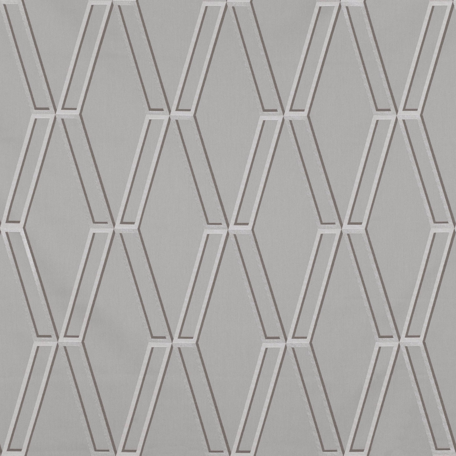 Cool dove-grey textile with pale and darker linear chevrons in a repeating geometric lattice