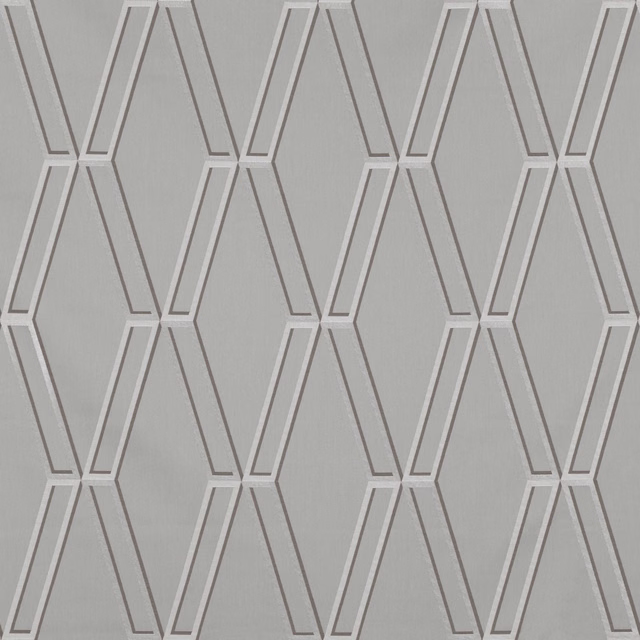 Cool dove-grey textile with pale and darker linear chevrons in a repeating geometric lattice