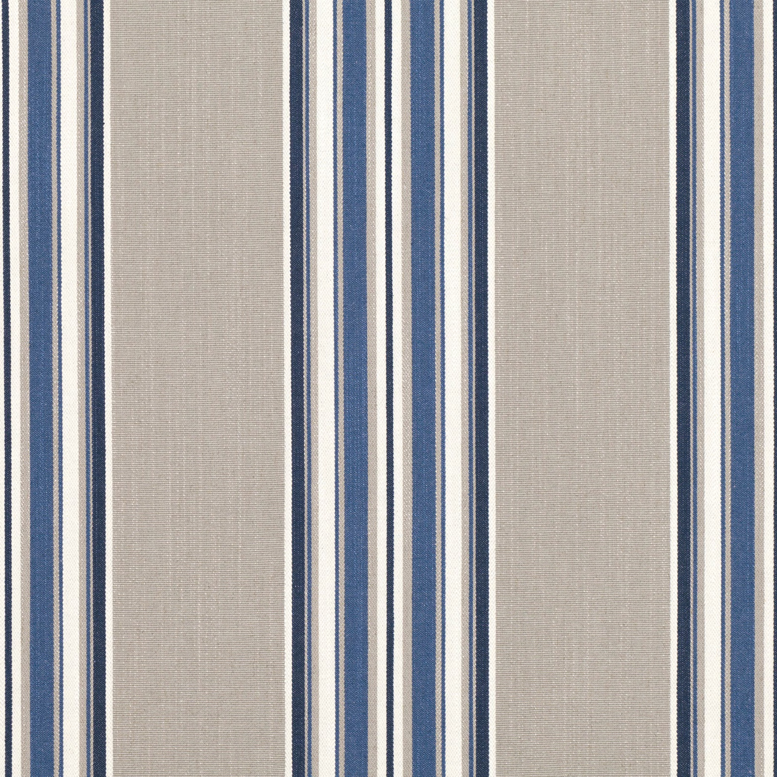 Taupe fabric with navy, muted blue and cream vertical stripes and fine woven texture
