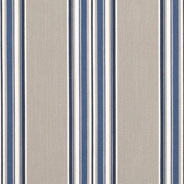 Taupe fabric with navy, muted blue and cream vertical stripes and fine woven texture
