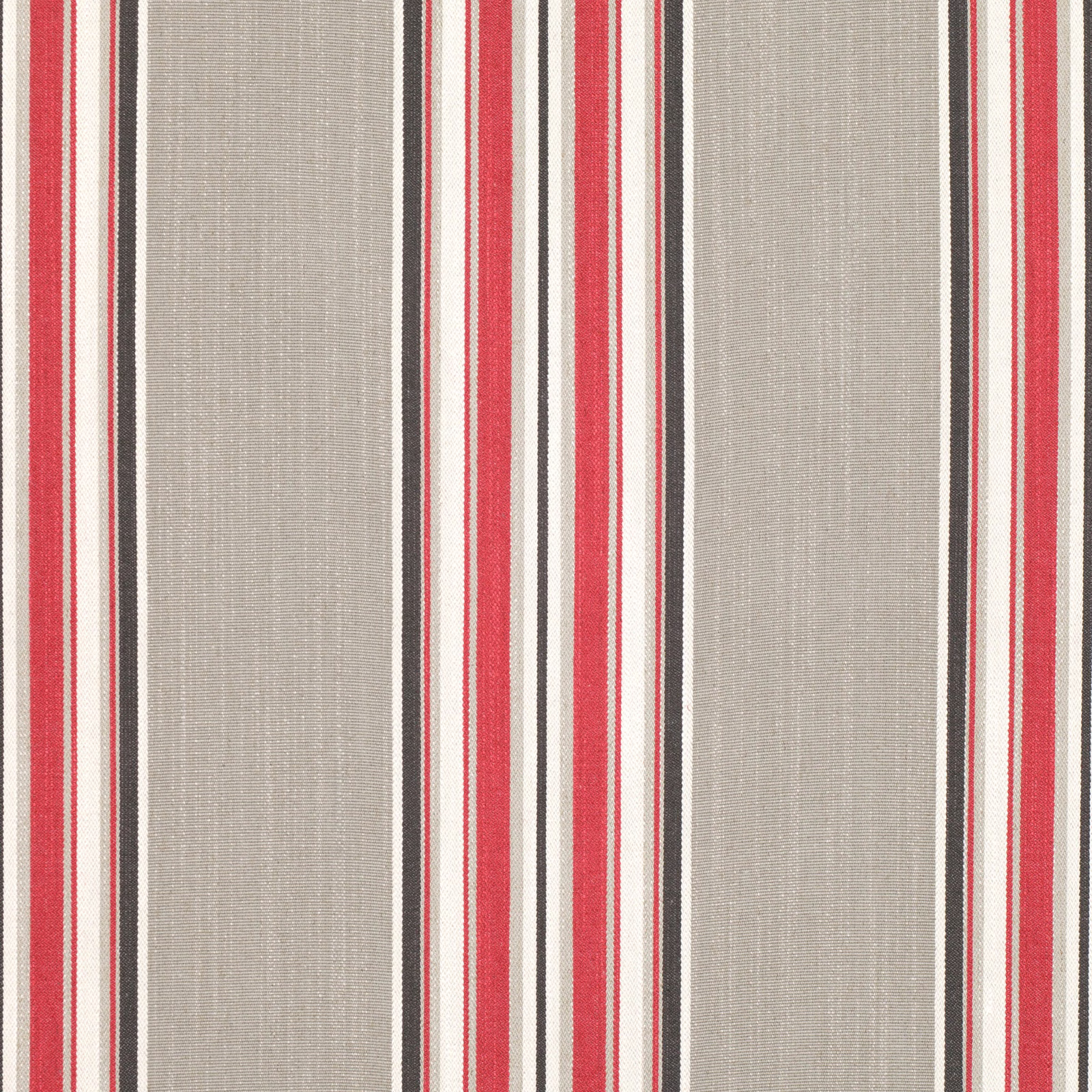 Warm grey woven stripes with vivid red bands, cream pinstripes and charcoal accents