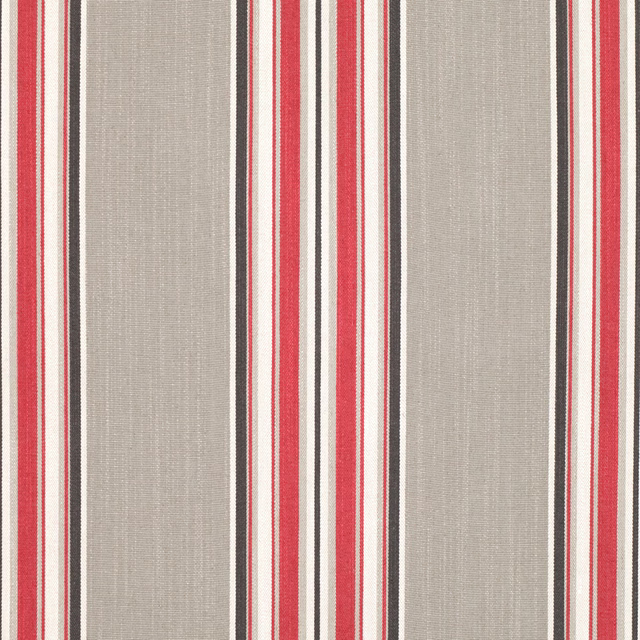 Warm grey woven stripes with vivid red bands, cream pinstripes and charcoal accents
