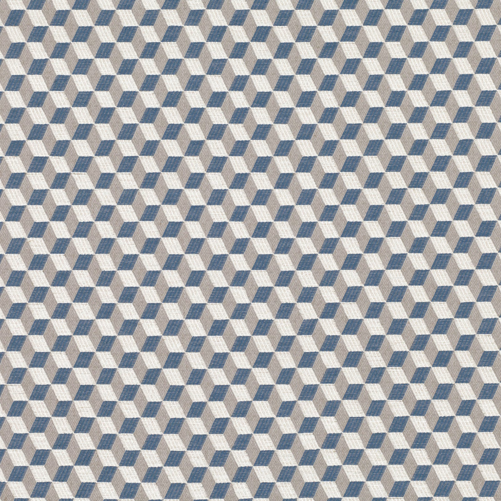 Close-up of muted blue and ivory woven fabric with a small three-dimensional cube pattern