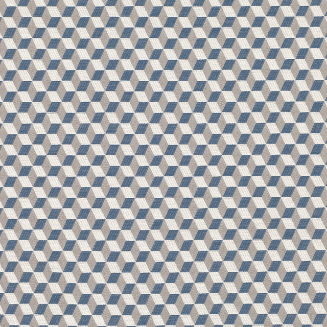 Close-up of muted blue and ivory woven fabric with a small three-dimensional cube pattern