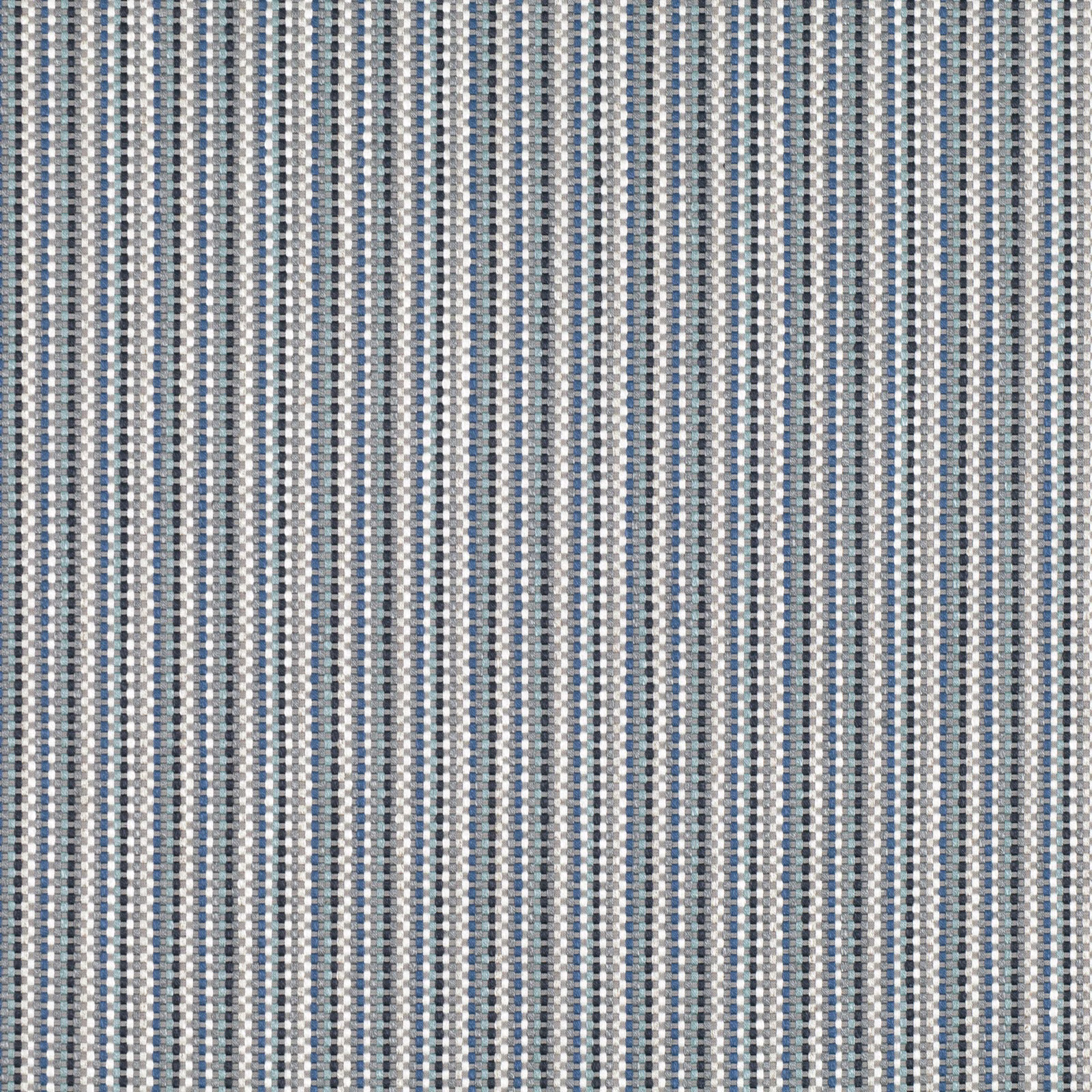 Close-up of muted blue-grey, cream and grey woven vertical stripe fabric