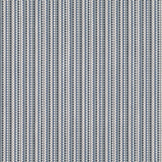 Close-up of muted blue-grey, cream and grey woven vertical stripe fabric