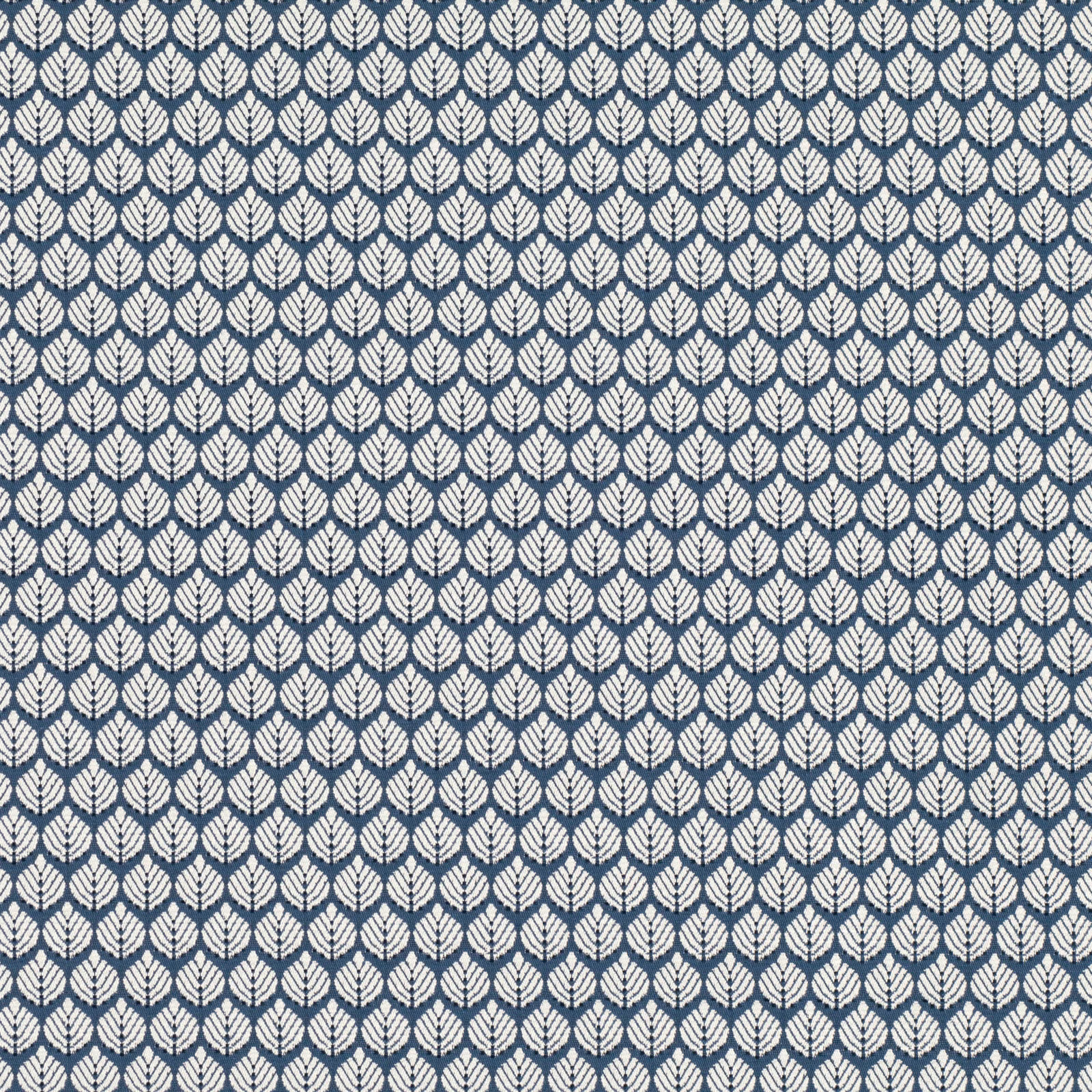 Muted blue fabric with repeating ivory leaf motifs arranged in neat vertical rows