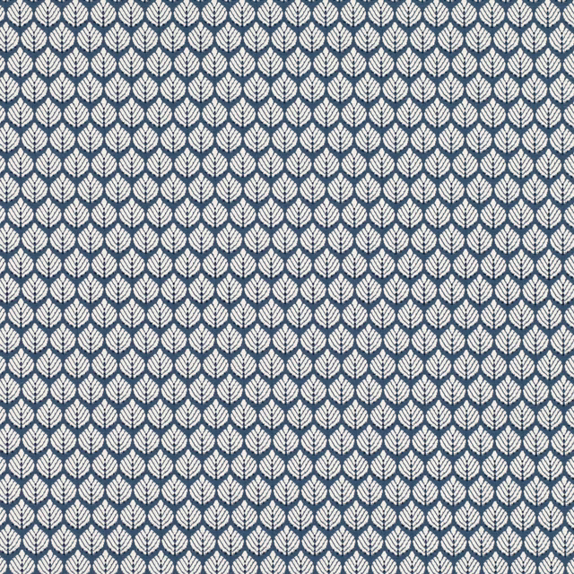 Muted blue fabric with repeating ivory leaf motifs arranged in neat vertical rows