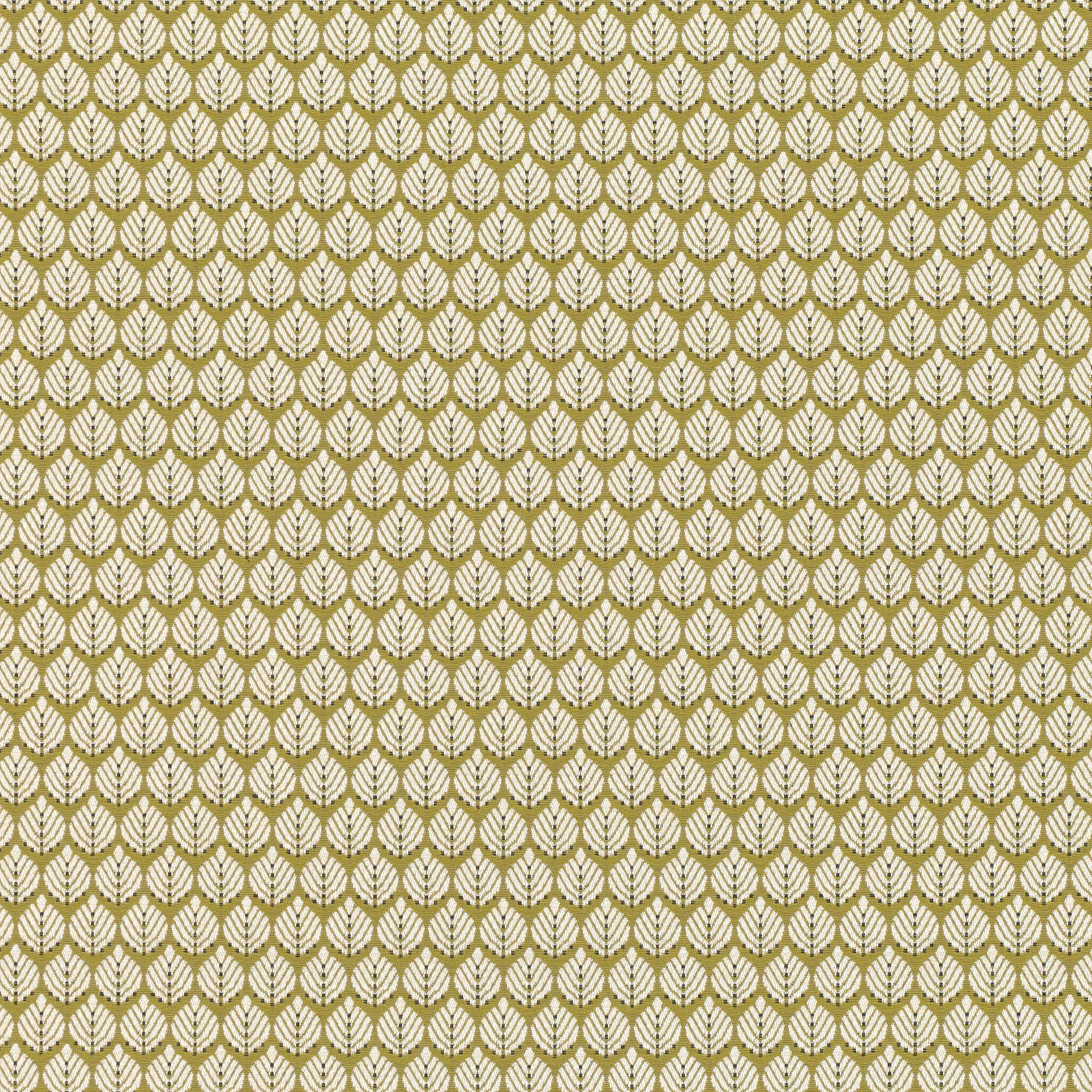 Muted fenugreek-olive fabric with cream repeating leaf motifs and fine woven texture