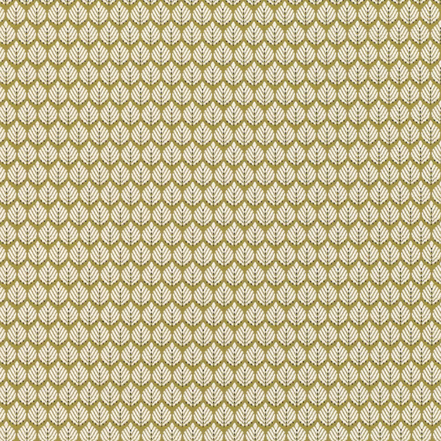 Muted fenugreek-olive fabric with cream repeating leaf motifs and fine woven texture