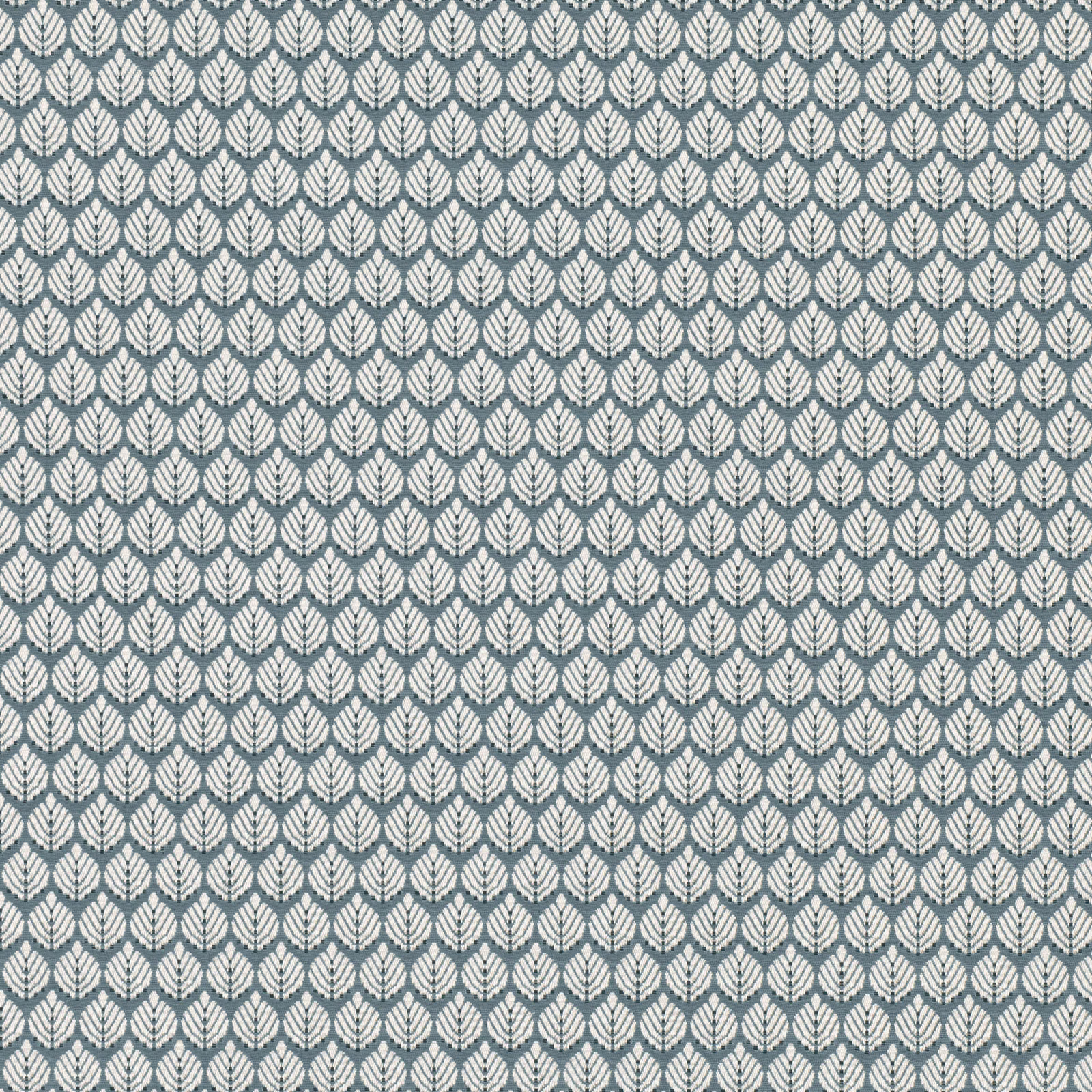 Blue-grey woven fabric with a repeating cream leaf pattern in compact vertical rows