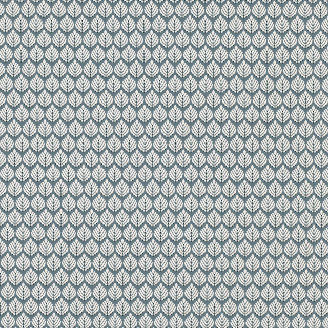 Blue-grey woven fabric with a repeating cream leaf pattern in compact vertical rows