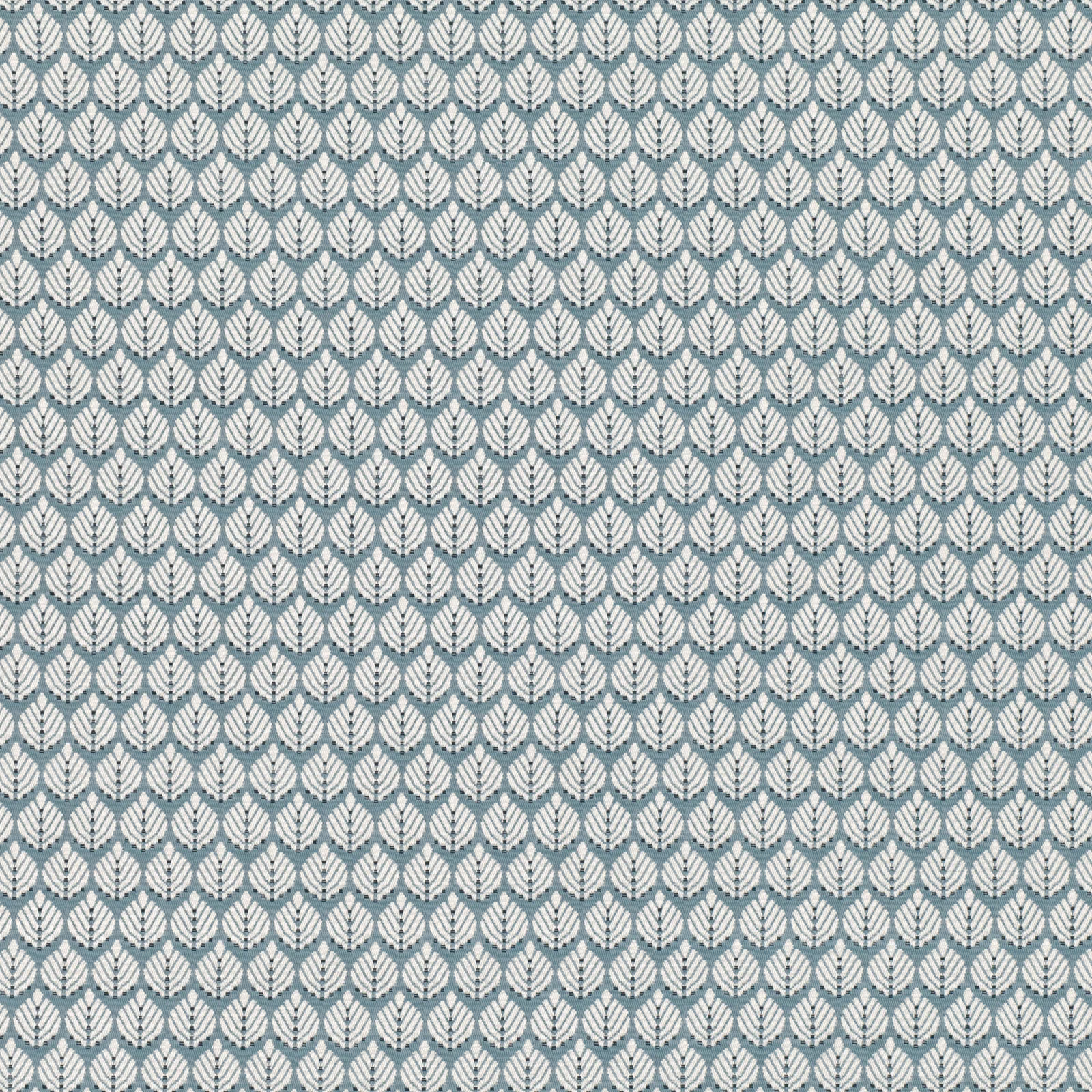 Small smoke-blue leaf motifs woven across a pale textured fabric ground