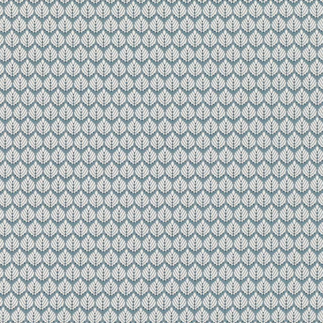 Small smoke-blue leaf motifs woven across a pale textured fabric ground