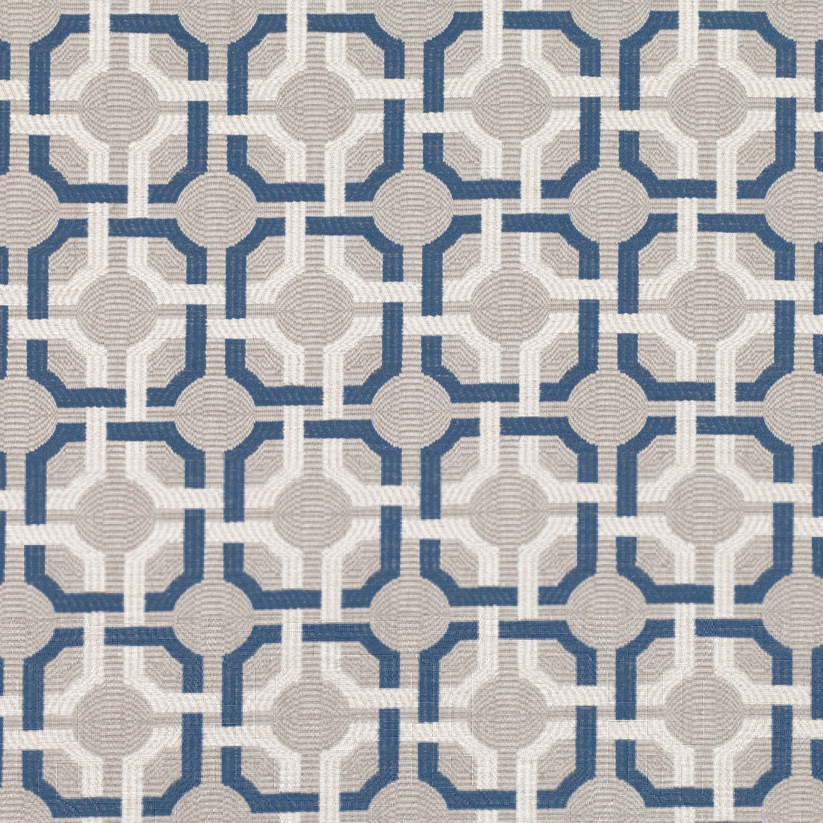 Muted blue geometric lattice fabric with cream lines and taupe circular centres