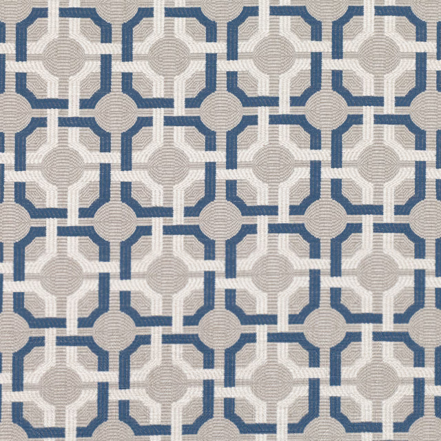 Muted blue geometric lattice fabric with cream lines and taupe circular centres