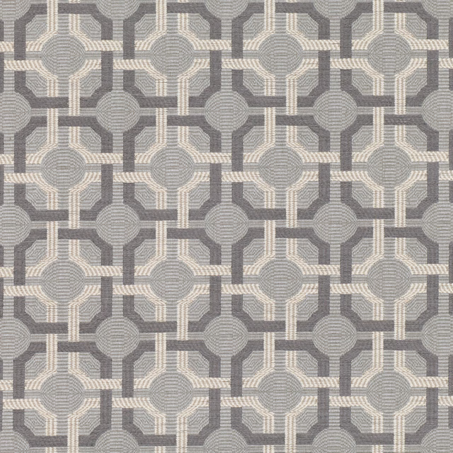 Cool grey and ivory woven geometric fabric with concentric circular motifs