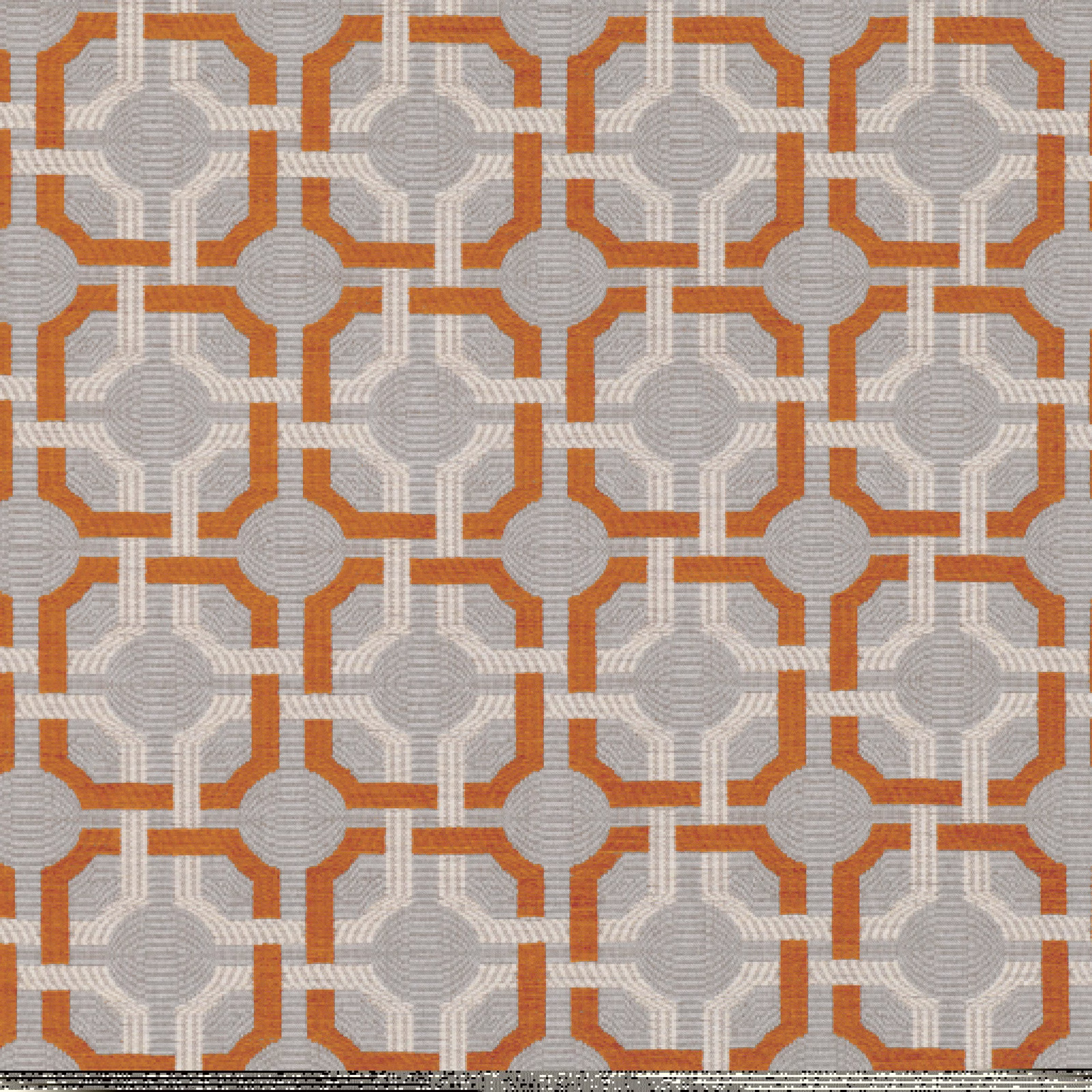 Woven geometric fabric with henna orange outlines, grey circles and cream lattice detailing