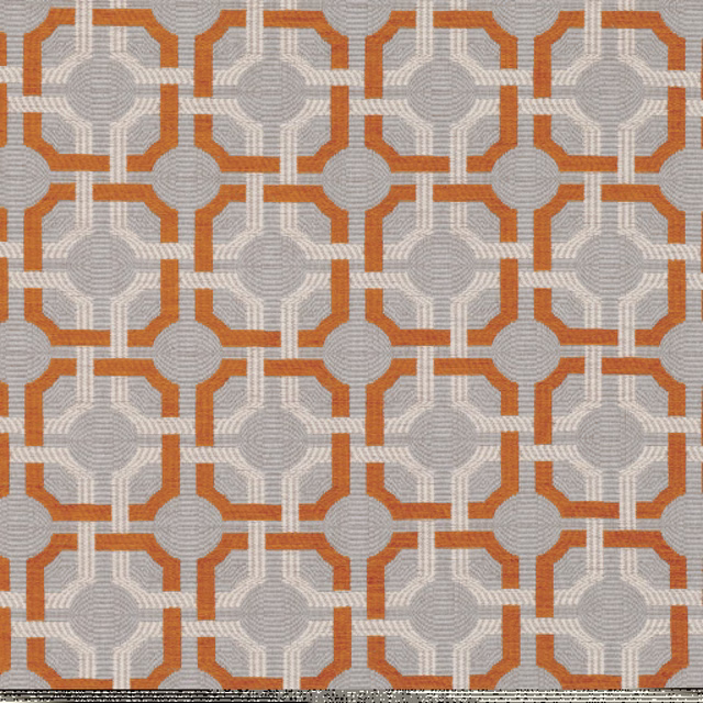 Woven geometric fabric with henna orange outlines, grey circles and cream lattice detailing