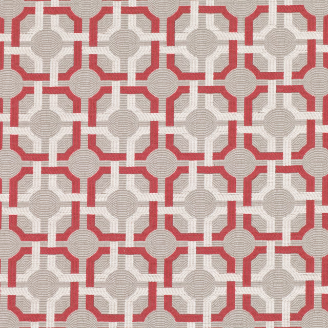 Red, cream and taupe geometric trellis with softly ribbed woven texture