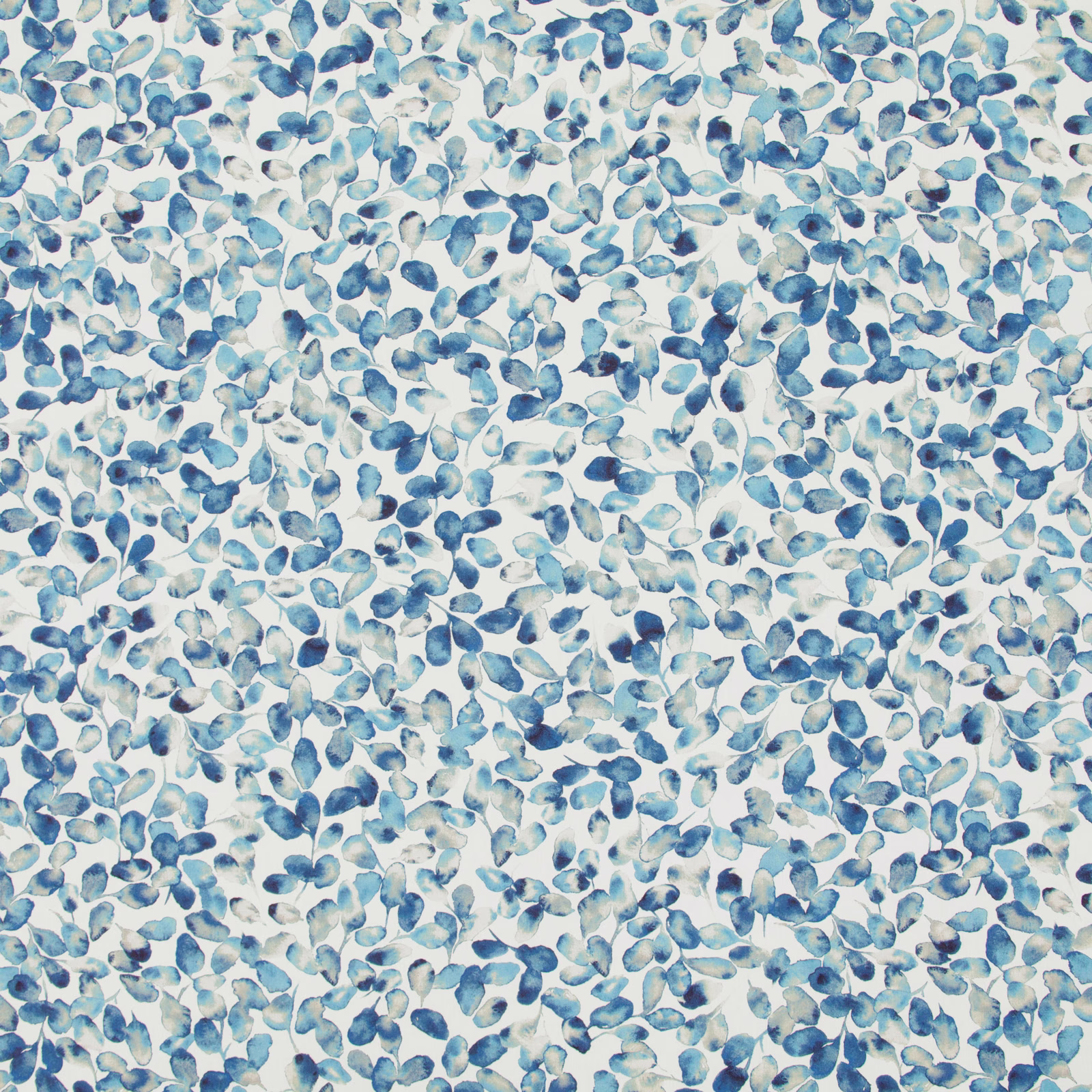 Dense small cobalt and aqua leaf-like marks scattered across a white ground